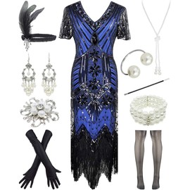 Letter Love Women 1920s Gatsby Vintage Sequin Flapper Fringe Party Plus Dress With 20s Accessories Set (S, Styele Flower Black Blue)
