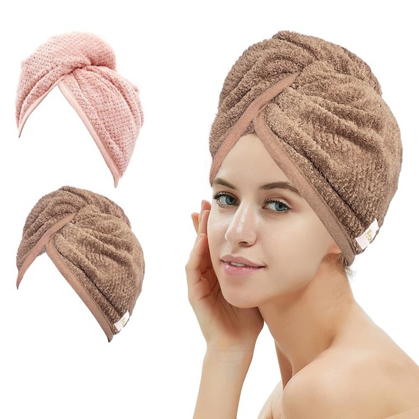 2 Pack Hair Drying Towels, Hair Wrap Towels, Super Absorbent Microfiber Hair Towel Turban with Button Design to Dry Hair Quickly(Coffee& Pink)