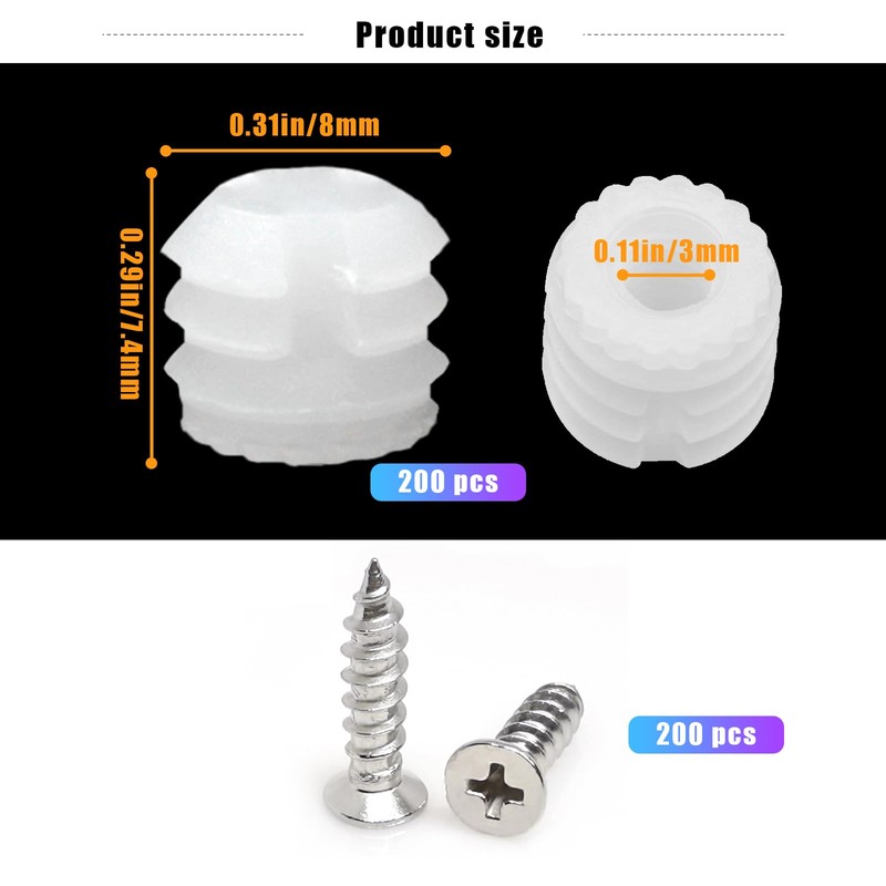Zarique 200-Pack White Plastic Hinge Dowel Inserts with Screws for