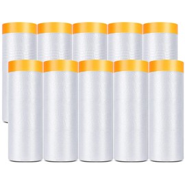 Painters Plastic With Tape, Pre-Taped Masking Film, 10 Rolls Automotive Best Tape and Drape, Paint Adhesive Protective Film Roll for Covering Skirting, Frames, Cars and Auto Body (5 X 65-Feet) (10)