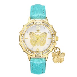 JewelryWe Leather Wrist Watch for Women Round Analog Quartz Watch Stylish Bling Rhinestones Butterfly Dress Watch for Xmas