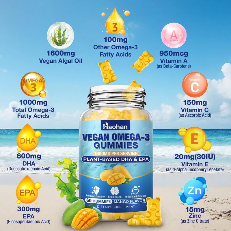 Omega-3 Gummies for Adults, Orange Flavor – Sugar-Free, Algae-Derived DHA