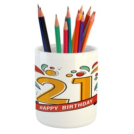 Ambesonne 21st Birthday Pencil Pen Holder, Digital Print Age 21 with Sports Theme Design with Colorful Florals Print, Printed Ceramic Pencil Pen Holder for Desk Office Accessory, Multicolor
