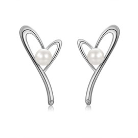 Silver Stud Earrings For Women, 14K White Gold Plated Large Heart Pearl Stud Earrings Cubic Zriconia Earrings Exaggerated Bridal Prom Earrings Jewelry Gifts for Girls