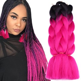 Jumbo Braiding Hair Attachment Ombre color hot pink 3pakcs synthetic Hair Extension Box Braids 24Inch Crochet Braids (1b/hotpink)