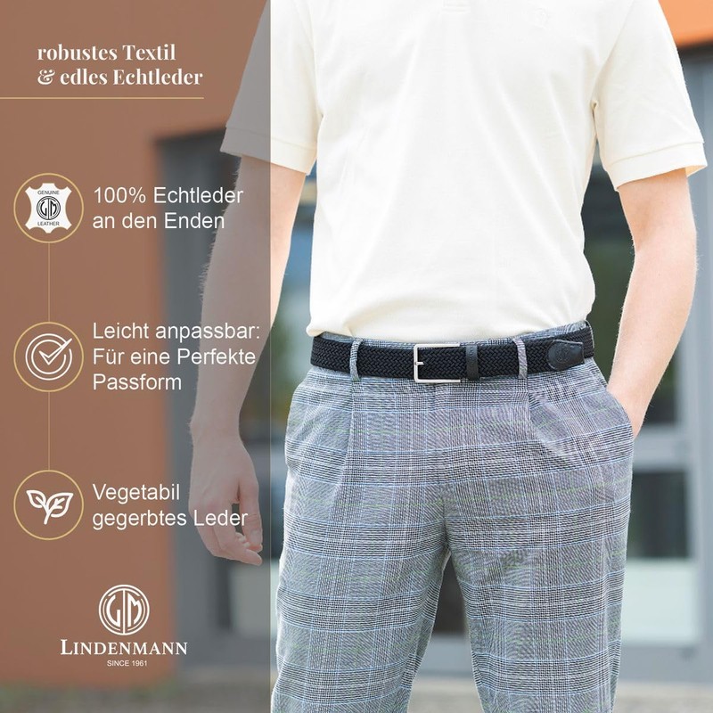 LINDENMANN Men's Stretch Belt Textile Braided Belt for Golf Black,