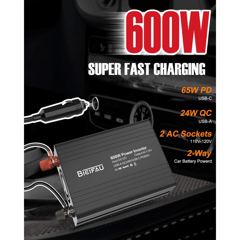 600W Inverter 12V to 110V, DC to AC Car Power