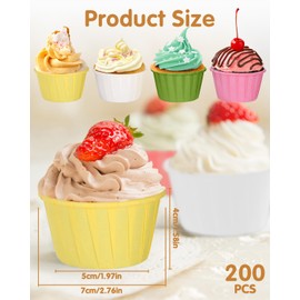Pack of 200 paper muffins, baking cups, greaseproof cupcake moulds, disposable baking cups in green, pink, yellow and white, for baking, dessert, party, birthday, wedding