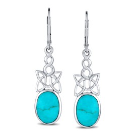 Celtic Love Knot Work Bezel Set Oval Blue Turquoise Lever Back Dangle Earrings Western Style For Women Teens .925 Sterling Silver