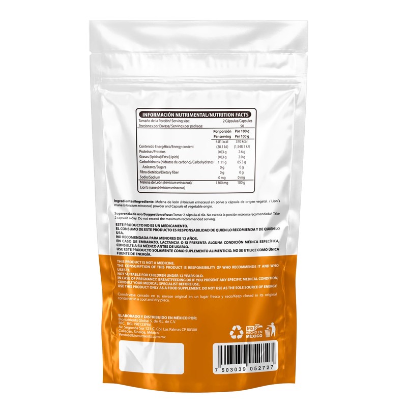 Wellthy Lion’s Mane 180 Cápsulas. Melena de León 750mg c/u,
