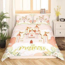 Princess Orange Bedding Set Twin Size,Fairy Tale Theme Fantasy Princess Duvet Cover with 1 Pillow Comforter Cover(No Filler) for Kids,Dreamy Castle Garden Flowers Quilt Cover Set 2 Pcs