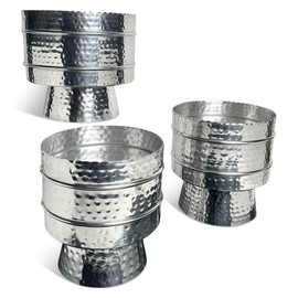 IHI EST. 1986 Hammered with Scalloped Edge - 10 Inch Silver Tone Aluminum Pedestal Standing Planter Pot; Set of 3