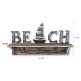 SAILINGSTORY Beach Wall Decor, Beach Sign Key Holder for Wall Mounted Coat Rack with Shelf, Beach Decor Nautical Decor Key Hook for Wall with Shelf