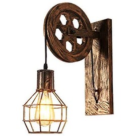 Bowrain 1 Light Fixture Industrial Mid Century Retro Iron Wall Lights Lift Pulley Wall Lamp Features The Matte Iron Cage Lamp Shade for Indoor Lighting Barn Restaurant(Bronze Color)