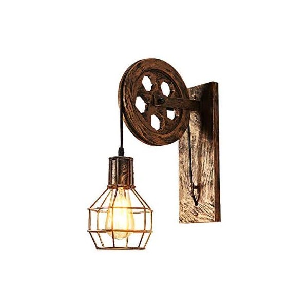 Bowrain 1 Light Fixture Industrial Mid Century Retro Iron Wall Lights Lift Pulley Wall Lamp Features The Matte Iron Cage Lamp Shade for Indoor Lighting Barn Restaurant(Bronze Color)