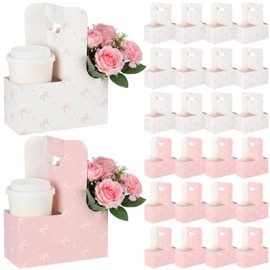 Fuyoooo 24 Pcs Pink Bow Disposable Paper Cardboard Gift Bags Coffee Cup Holder 2 Cup Coquette Drink Carrier with Handle Portable Drink Flower Cups Carriers Foldable Cups Holder Party Supplies