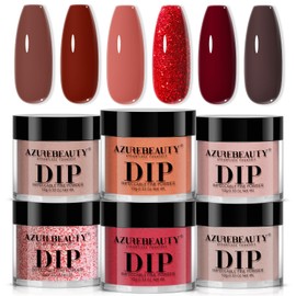 AZUREBEAUTY Dip Powder, Fall Brown Red Glitter 6 Colors Dipping Powder Starter Kit French Nail Art Manicure DIY Salon for Women, No Need Nail Lamp Cured