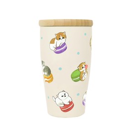 mofusand 53-2098 Vacuum Double Layer Tumbler with Wooden Lid, 11.8 fl oz (350 ml), Macaron, Office, Work, Desk, Cup, Hot and Cool, Cute, Cat