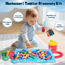 TenFans ​​Montessori Fabric Fishing Game for Babies 1-3 - Stacking Cups & Color Sorting Toy - First Birthday Gift Set - Travel Sensory Learning Activity​​