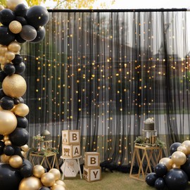 10ft x 10ft Black Backdrop Curtain with Lights String for Parties, Sheer Tulle Wedding Photo Backdrops Drapes for Baby Shower Birthday Party Decorations Background for Photography