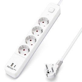 Aigostar Steckdosenleiste 4 fach mit Schalter, Mehrfachsteckdose mit 1 USB und 1 USB C Port (5V/2.4A), Verteilersteckdose mit 5 m Kabel