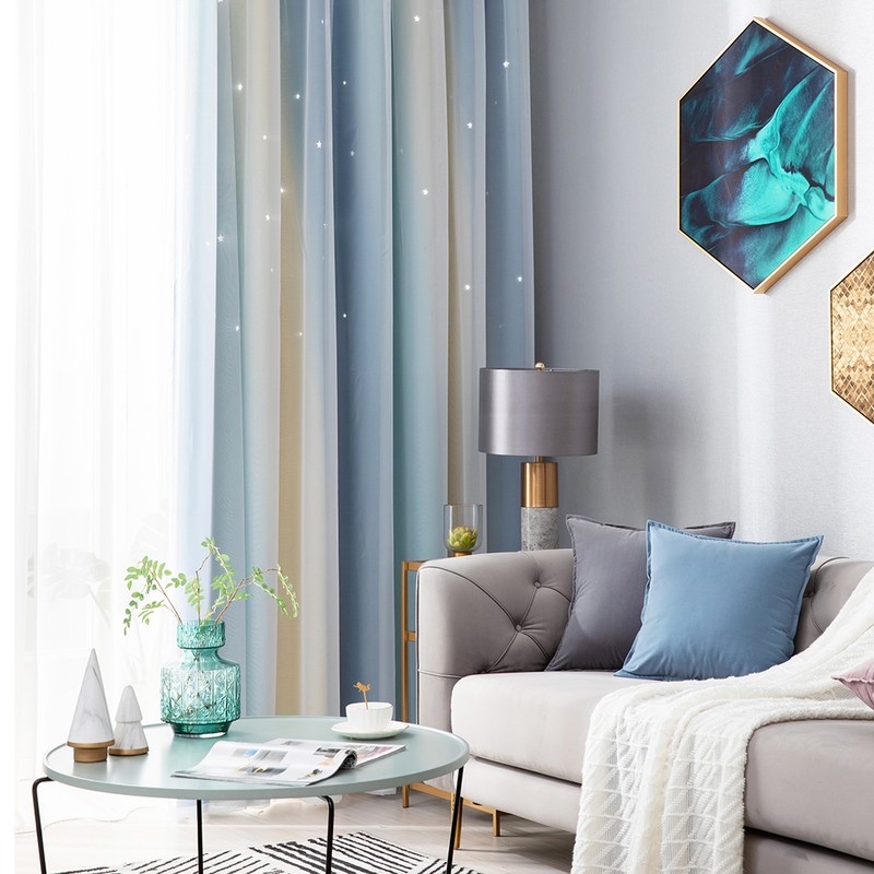 1pc Curtain Simple Gradient Hollow-out Star Pattern Double Layer Blackout