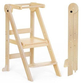 Foldable Toddler Tower, 3 Adjustable Height Toddler Standing Tower, Wooden Toddler Kitchen Stool Helper with Safety Rails, Space Saving Kids Step Stool - Ages 18 Months to 6 Years