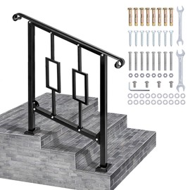 LMRSTOO Handrails for Outdoor Steps, Fit 2 or 3 Steps Outdoor Stair Railing, Black Wrought Iron Handrail Handrails for Concrete Steps or Wooden Stairs (2-3 Step Vertical Rect)