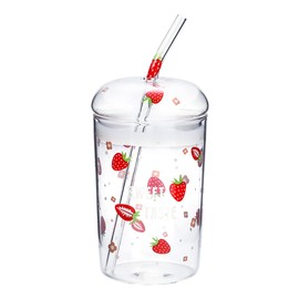 JHNIF 16 Oz Lovely Strawberry Clear Glass Tumbler with Lid and Straw
