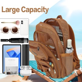 Lreneilu Khaki Mesh Backpack for Girls Boys, Mesh Bookbags Heavy Duty Semi-Transparent School Bag for College, Travel, Beach, Swimming, Sports