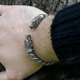 Opexicos 2Pcs Retro Men's Nordic Viking Stainless Steel Viking Faucet Bracelet Punk Men Pagan Apprentice Bracelet Party Amulet Gift