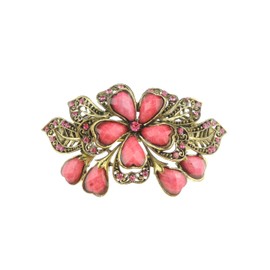 Womens Girls Diamante Crystal Wedding Birthday Party Bridal Wedding Ponytail Fine Hair Occasion Barrette Hairpin Grip French Spring Clip Vintage Look Gold Tone Metal Floral Rose (Coral Pink)