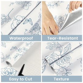 Floral Peel and Stick Wallpaper White and Blue Vintage Flower Contact Paper