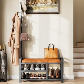 IRONCK 35" Coat Rack, Hall Tree with Bench and Shoe Storage, Shoe Rack with Leather Cushion, 3-in-1, 2 Tier Shelves, 5 Hooks, for Entryway, Hallway, Rustic Brown