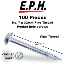 EPH Pocket Hole Screws for Hardwoods, # No.7 x 32mm Long, Pack of 100, Fine Self-Cutting Screw with Robinson 2 Square Drive, EPHS732100F, Silver