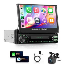 Android 13 2G 64G Single Din Car Stereo with Wireless Carplay Android Auto (Manual) 7 Inch Flip Out Touchscreen Car Radio 5.0 Bluetooth MirrorLink Backup Camera/USB/AUX Type-C/RDS/FM/WiFi/EQ