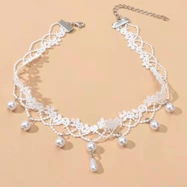 Wendalern Boho Pearl Lace Necklace White Lace Choker Necklaces Vintage Pearl Pendent Necklace Lace Flower Collar Neckalce Chain Jewelry for Women and Girls