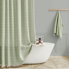 BTTN Boho Shower Stall Curtain - 36x72 Narrow Linen Ultra Thick Tassel Fabric Shower Curtain Set with 6 Plastic Hooks, Half Modern Farmhouse Country Weighted Shower Curtains for Bathroom - Sage Green