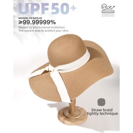 FURTALK Womens Sun Straw Hat Wide Brim UPF 80 Summer Hat Foldable Roll up Floppy Beach Hats for Women, Khaki+Beige Ribbon, M-L