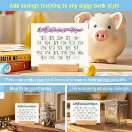 Add Savings Tracking to Any Piggy Bank Style, Piggy Bank Accessory-Money Goal Tracker,Companion for Piggy Bank-Saving Challenge Card, Piggy Bank Saving Sheet, 16 pcs with Wooden Stand-Easy Model
