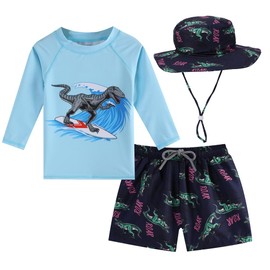 Toddlers and Baby Boys' 3-Piece Rash Guard Swimsuits Kids Long Sleeve Sunsuit Swimwear Sets(Navy Dinosaur,4-5 Years)