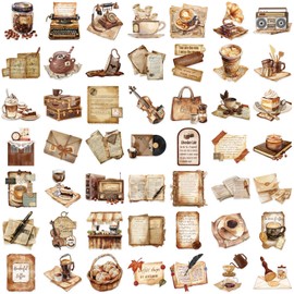 50Pcs Vintage Stickers Set Graffiti Retro Letters and Cafe Stickers for Scrapbook Journaling Water Bottle Laptop Skateboard, Waterproof PET Transparent Sticker