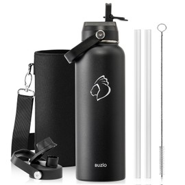 BUZIO 40oz Insulated Water Bottle, Triple Wall Vacuum Stainless Steel Water Flask with 2 lids, Lead-Free BPA-Free Straw Lid Sports Canteen Jug, Cold 48H & Hot 24H- Black