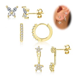 ALEXCRAFT Glitter Flower Stud Earrings Silver 925 Gold Set Small with Zirconia Piercings Women's Earrings for Women Girlfriend Mum Girls 3/4 Pairs