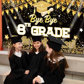 8th Grade Graduation Decorations Bye Bye 8th Grade Hello High School Backdrop, 71'' x 43'' Black Gold Middle School Graduation Decorations 8th Grade Graduation Banner Graduation Party