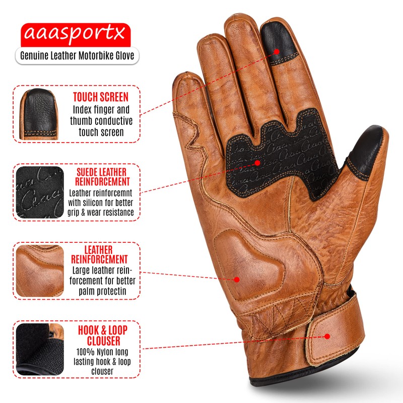 aaasportx Men's Leather Motorcycle Gloves with Touchscreen Function - Protectors