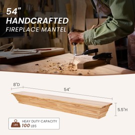 TECANA Wood Fireplace Mantel - 54 Inch Rustic Floating Mantel Shelf for Living Room, Wall-Mounted Solid Fireplace Mantle Decor for Bedroom, TV, Books, Natural