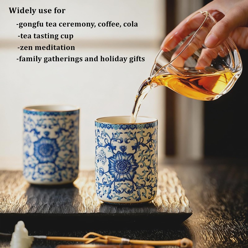 CmengAo Blue and White Floral Porcelain Tea Cups Set of