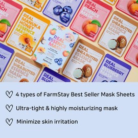 FARMSTAY Real Essence Mask Combo Pack, 0.78 fl. oz. x 12 (Blueberry, Peach, Manuka Honey, Shea Butter)