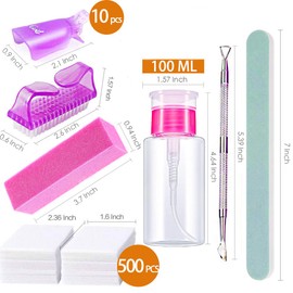 Nail Polish Remover Tools Kit - 500 Pcs Polish Remover Cotton Pads, 10 Pcs Purple Polish Remover Clips Caps, 1pc Nail Polish Remover Bottle, 1pc Cuticle Pusher, 1pc Nail Brush, 100/180 Grit Nail File and Rectangular Nail Buffer Block Tools